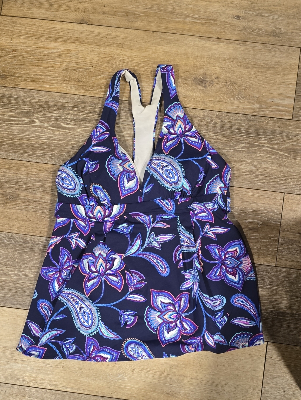 Lands' End Navy Floral Paisley One-Piece Swim Dress with Purple & Blue Accents